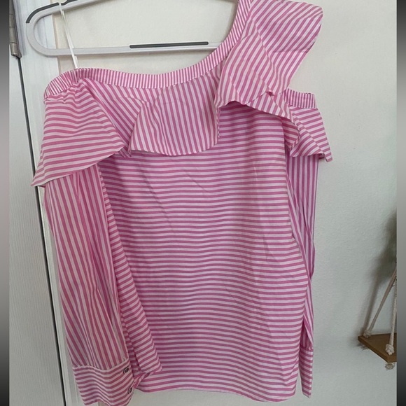 V Cristina White/Pink  Pinstripe Cold Shoulder Asymmetric Button Down Shirt L - Picture 2 of 9